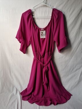 Fuchsia Tie-Waist Midi Dress with Ruffle Hem